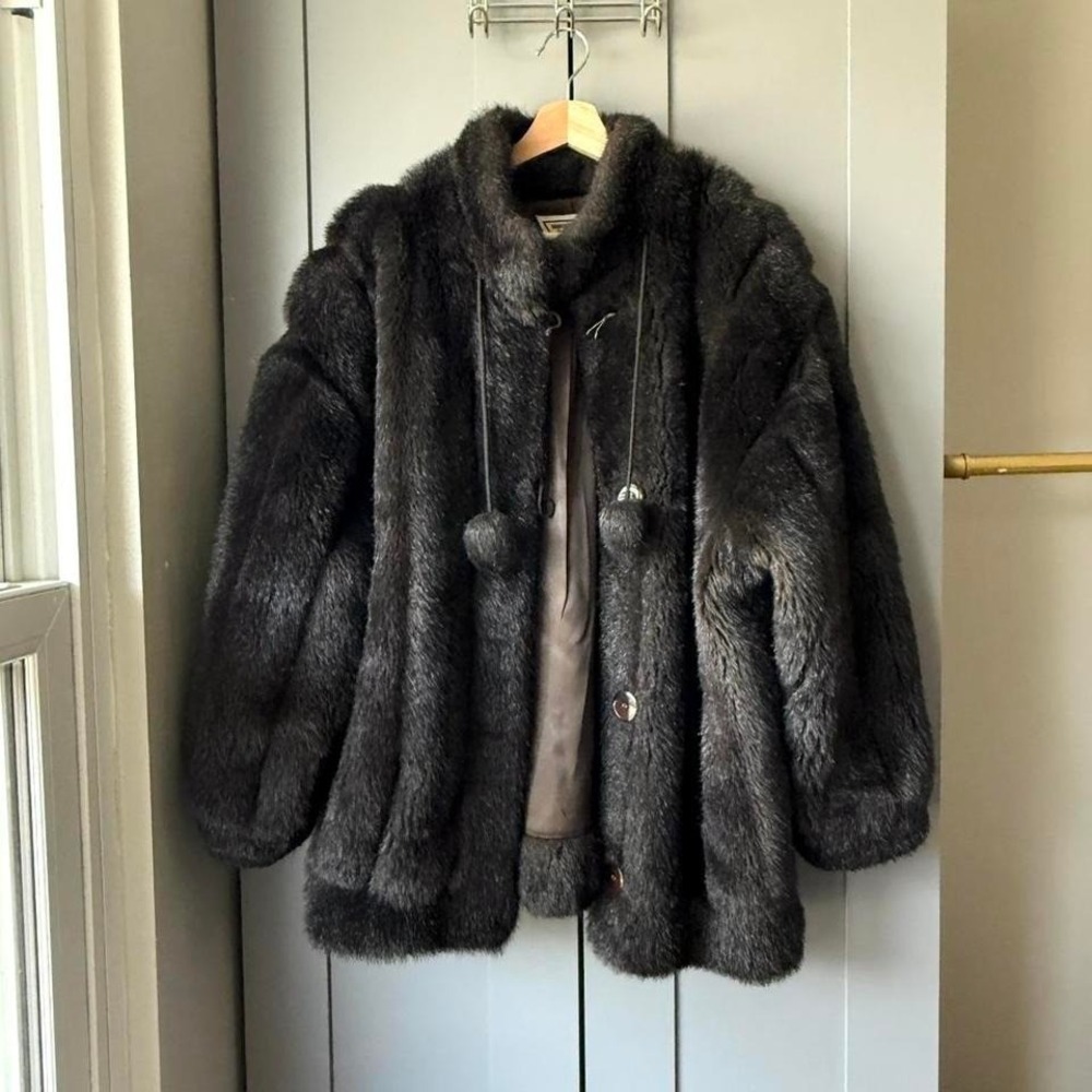 J Percy for Marvin Richards Women's Faux Fur Coat Dark Brown Vintage Glam Jacket
